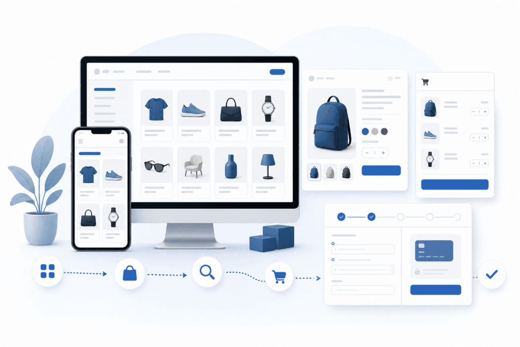 Responsive ecommerce storefront showing product navigation, shopping cart, and checkout steps